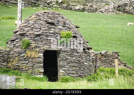 Early medieval stone-built round house clochain (beehive hut) on Dingle Peninsula, Kerry, Ireland. A Clochain is a dry-stone hut with a corbelled roof Stock Photo