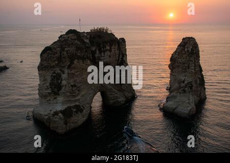 Beautiful Sunset in Pigeon Rocks in Raouche, Beirut, Lebanon.  The Mediterranean Sea, Middle East. Stock Photo