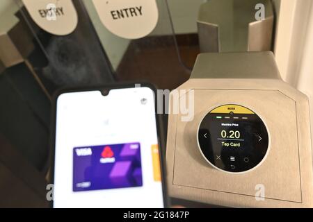 Contactless payment at a public toilet in south London. June 2021. Stock Photo