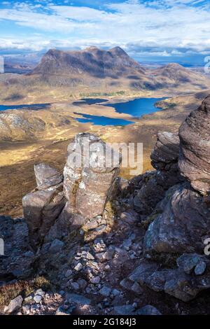 View of Cul Mor from Stac Pollaidh / Stac Polly - a mountain in Assynt in the North West Highlands of Scotland, UK Stock Photo