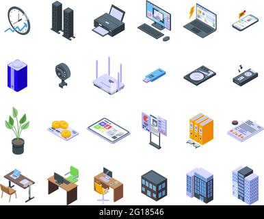 Smart office space icons set. Isometric set of smart office space vector icons for web design isolated on white background Stock Vector