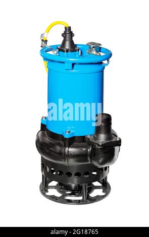 Powerful industrial submersible pump of blue color for pumping out waste water, isolated on a white background. Stock Photo