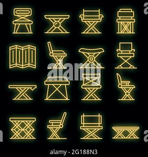 Folding furniture icons set. Outline set of folding furniture vector icons neon color on black Stock Vector