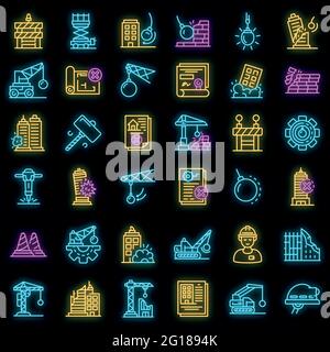 Demolition work icons set. Outline set of demolition work vector icons neon color on black Stock Vector
