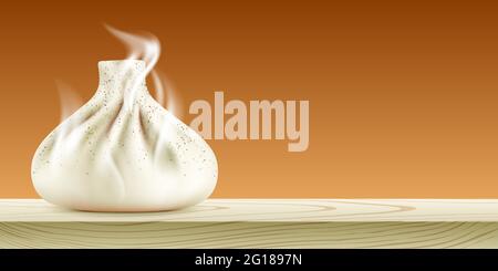 Hot Khinkali with steam, placed on the wooden table. Georgian dumpling vector banner with copy space. Stock Vector