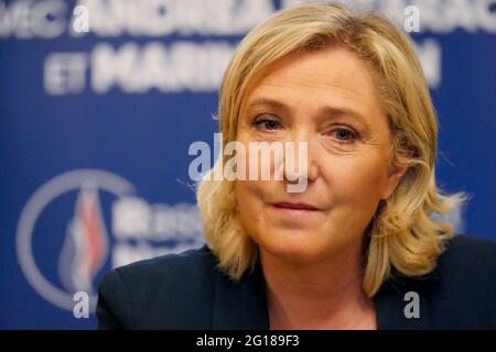 Marine Le Pen, President of RN (Rassemblement National), attends press conference, Saint-Chamond, Loire, AURA region, France, June 3 2021 Stock Photo