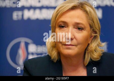 Marine Le Pen, President of RN (Rassemblement National), attends press conference, Saint-Chamond, Loire, AURA region, France, June 3 2021 Stock Photo