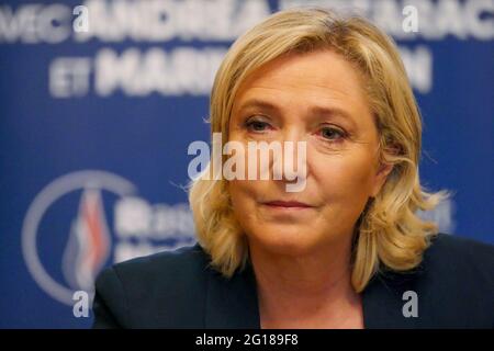 Marine Le Pen, President of RN (Rassemblement National), attends press conference, Saint-Chamond, Loire, AURA region, France, June 3 2021 Stock Photo