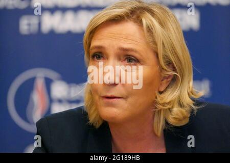 Marine Le Pen, President of RN (Rassemblement National), attends press conference, Saint-Chamond, Loire, AURA region, France, June 3 2021 Stock Photo