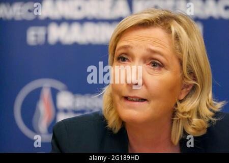 Marine Le Pen, President of RN (Rassemblement National), attends press conference, Saint-Chamond, Loire, AURA region, France, June 3 2021 Stock Photo