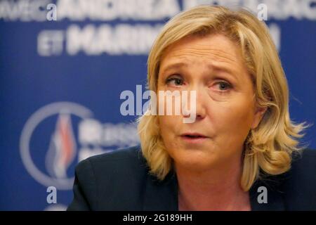 Marine Le Pen, President of RN (Rassemblement National), attends press conference, Saint-Chamond, Loire, AURA region, France, June 3 2021 Stock Photo