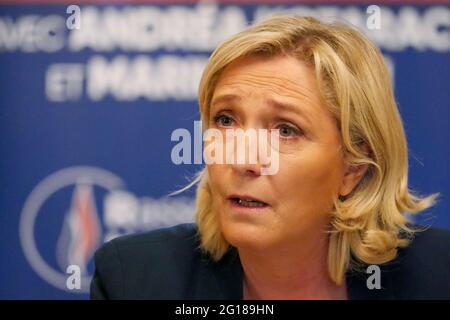 Marine Le Pen, President of RN (Rassemblement National), attends press conference, Saint-Chamond, Loire, AURA region, France, June 3 2021 Stock Photo