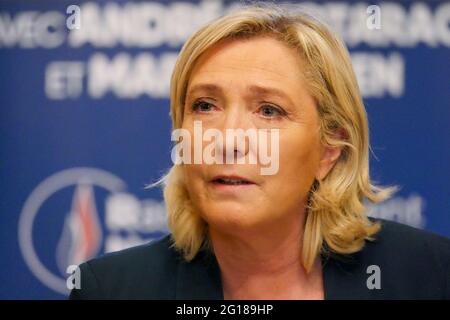 Marine Le Pen, President of RN (Rassemblement National), attends press conference, Saint-Chamond, Loire, AURA region, France, June 3 2021 Stock Photo