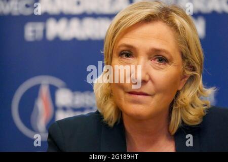 Marine Le Pen, President of RN (Rassemblement National), attends press conference, Saint-Chamond, Loire, AURA region, France, June 3 2021 Stock Photo