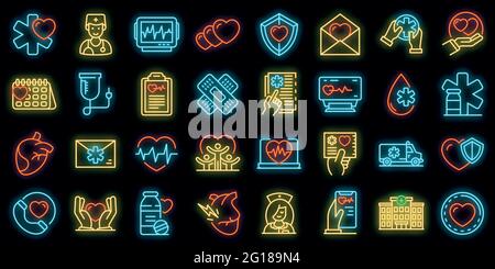 Cardiologist icons set. Outline set of Cardiologist vector icons neon color on black Stock Vector