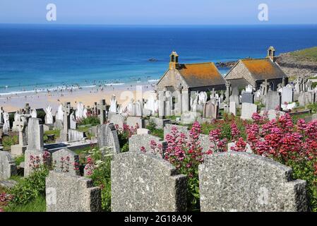 Barnoon cemetery, the oldest burial ground in St Ives, established in 1857, and with great views over Porthmeor beach, in Cornwall, UK Stock Photo