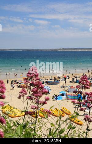 Pretty Porthminster beach, in St Ives, in Cornwall, SW England, UK Stock Photo