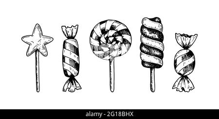 Set of hand drawn candies isolated on white. Vector illustration in sketch style Stock Vector