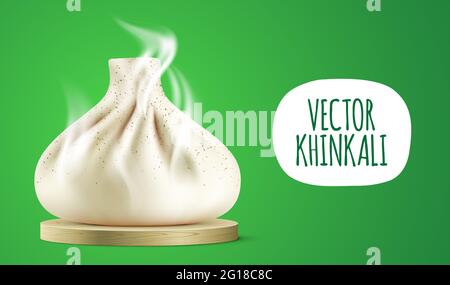 Hot Khinkali with steam, placed on a wooden plate. Georgian dumpling vector banner with copy space. Stock Vector