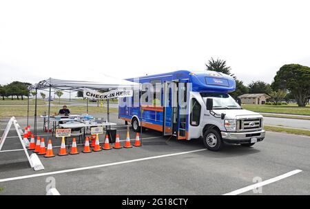 An empty Covid 19 testing site in a parking lot in Crescent City, California. At the time, Crescent City was experiencing a spike in Covid 19 cases. Stock Photo