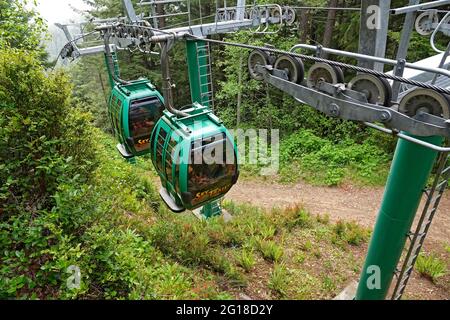 A gondola system carries visitors to The Trees Of Mystery in northern California to the top of a local mountain for views of the surrounding redwood f Stock Photo