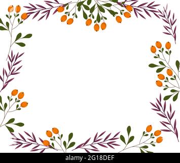 Rectangular frame template with branches of leaves and orange berries. Stock Vector