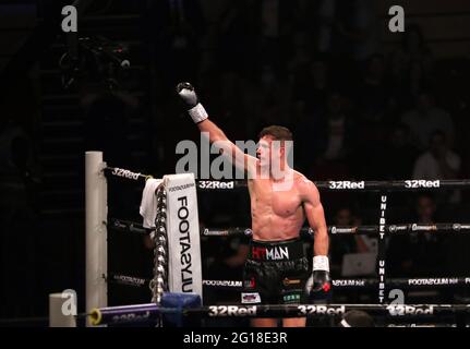 Nathan Heaney celebrates victory against Iliyan Markov in the International Middleweight Contest during the Boxing event at the Telford International Centre, Telford. Picture date: Saturday June 5, 2021. Stock Photo
