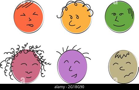 Cute multicolored six people faces different emotions. Stock Vector