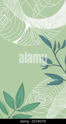 Boho-style foliage cover. Vector vertical banner with abstract art and hand-drawn shapes leaves. Good for wall art or cover print. Stock Vector