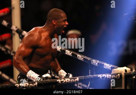 Daniel Dubois celebrates victory in the WBA Interim Heavyweight Championship during the Boxing event at the Telford International Centre, Telford. Picture date: Saturday June 5, 2021. Stock Photo