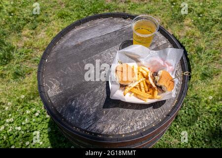 Beer and Burgers Outdoors Stock Photo