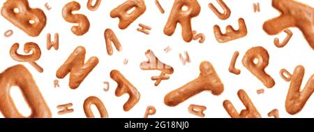 Chaotic flying letters made of real cookies, isolated on white background, closeup Stock Photo