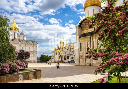 Cathedral Square inside Moscow Kremlin, Russia. Nice panorama of Archangel, Annunciation and Dormition cathedrals, old Russian churches in Moscow city Stock Photo