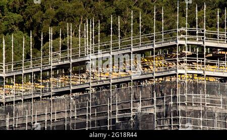 April 19, 2021. Construction progress. Installing concrete floor formwork support on new home units development at 56-58 Beane St. Gosford. Australia. Stock Photo