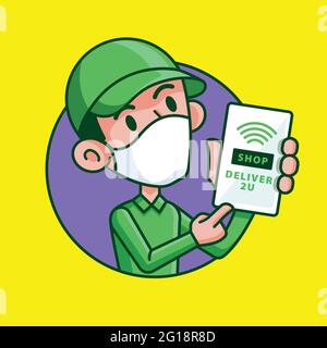 Delivery man with mask holding smartphone to show shop online and delivery service to doorstep Stock Vector