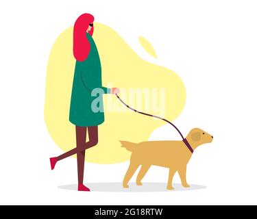 blind woman walking with dog vector illustration in flat style Stock Vector