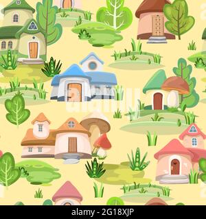 Town of gnomes. Seamless pattern. Fabulous landscape with trees. Hills and forest. Flat cartoon style. Cute picture background for children. Vector Stock Vector