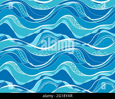Seamless pattern with blue and turquoise waves with white tribal pattern. Water surface. Vector texture of the ocean and rivers. Wallpaper with a sea Stock Vector