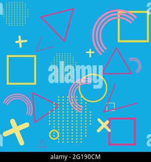 Vector seamless geometric yellow-pink pattern with arcs, polygons, triangles, squares and other shapes on a light blue isolated background. Memphis pa Stock Vector