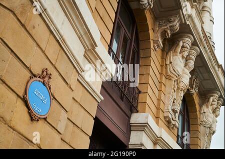 View of the figurative sculptures on the Teatro Arriaga, Bilbao, Spain Stock Photo