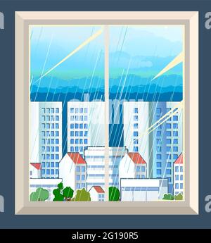The window is ordinary. With fragments of the wall. View from the room to the city with clouds and rain. Cartoon flat style. Vector. art Stock Vector