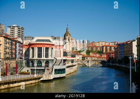 Nervion River and La Rivera Market, Bilbao, Biscay, Basque Country, Euskadi, Euskal Herria, Spain, Europe Stock Photo