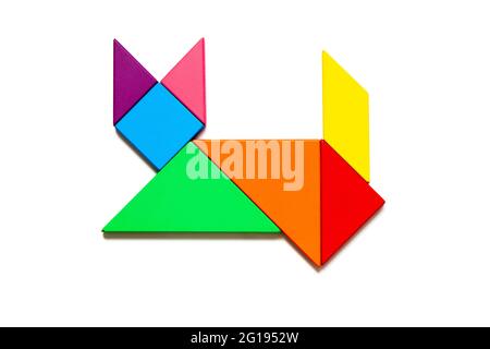 Color tangram puzzle in cat shape on white background Stock Photo