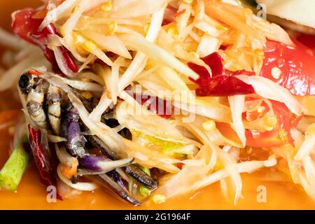 Closed up of papaya salad, with crab Thai food name Som Tum background Stock Photo