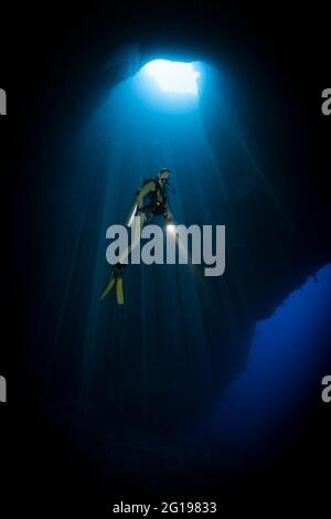 Scuba Diver in Blue Hole Cave, Micronesia, Palau Stock Photo