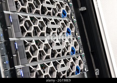 Closeup Of Modern Virtual Hard Drives In Datacenter Stock Photo