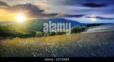 day and night time change concept above rural landscape with blooming grassy meadow. beautiful nature scenery of carpathian mountains with sun and moo Stock Photo