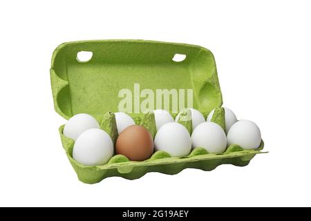 Several White and one brown eggs in a basket. Rural scene. Easter background - fresh chicken eggs. Concept is not like everyone else. Stock Photo
