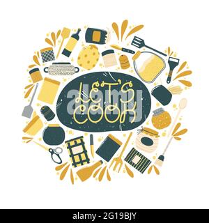 Colorful lettering slogan lets cook with cooking elements. Quote about kitchen and cooking with cute hand drawn illustration of elements of decor. Vec Stock Vector