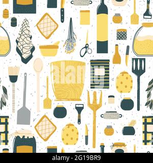 Seamless pattern with cooking utensils in cartoon flat design. Repeated hand drawn background with kitchenware in Scandinavian style. Stock Vector